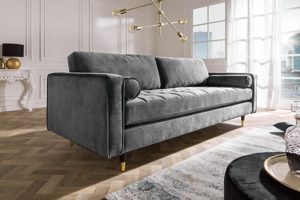 Canapé lounge design 3 places COSY VELVET 220cm âme ressorts en velours gris - 39846