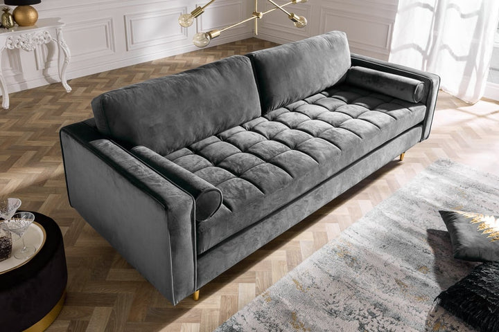 Canapé lounge design 3 places COSY VELVET 220cm âme ressorts en velours gris - 39846