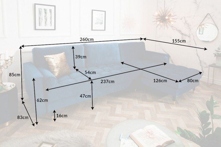 Canapé d'angle élégant COSY VELVET Canapé 3 places avec âme à ressorts en velours bleu pétrole - 39847