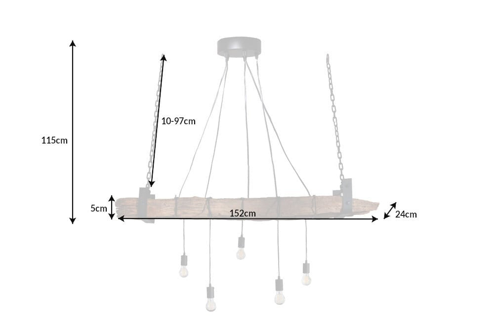 lampe à suspension industrielle BARRACUDA 152cm en bois massif recyclé à 5 lumières - 40080