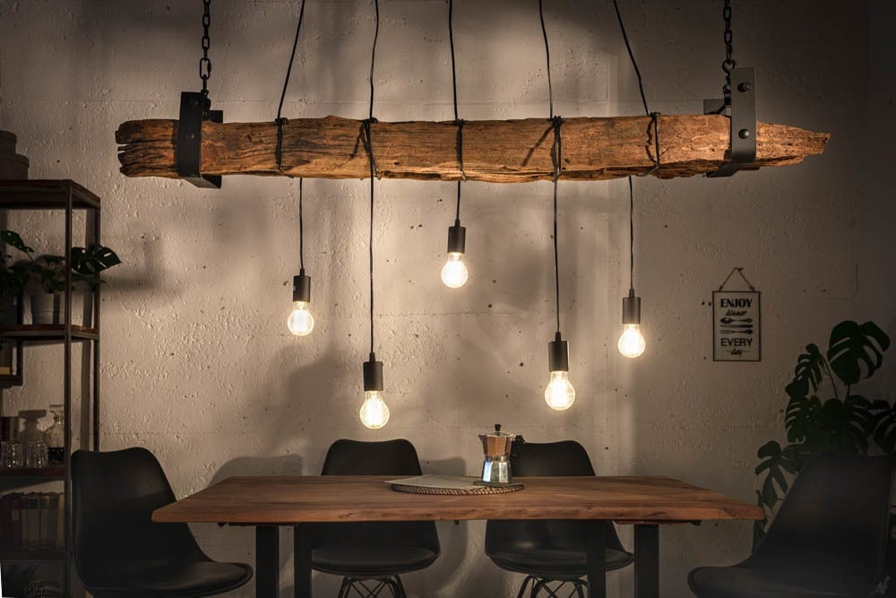 lampe à suspension industrielle BARRACUDA 152cm en bois massif recyclé à 5 lumières - 40080