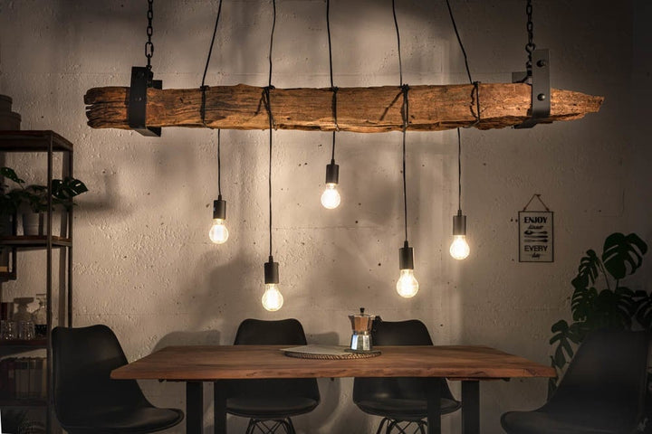 lampe à suspension industrielle BARRACUDA 152cm en bois massif recyclé à 5 lumières - 40080