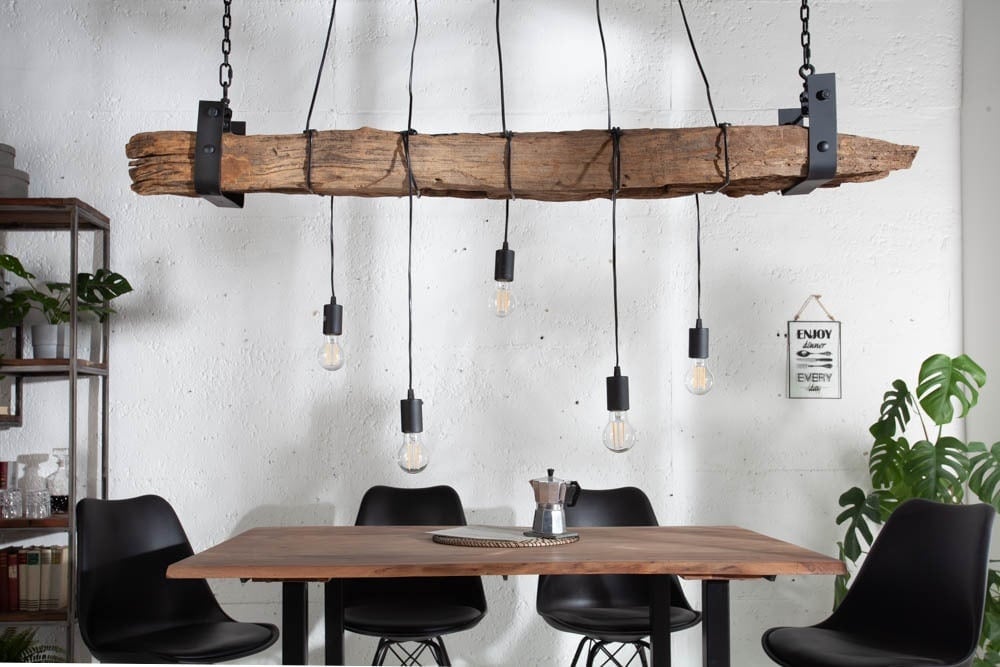 lampe à suspension industrielle BARRACUDA 152cm en bois massif recyclé à 5 lumières - 40080
