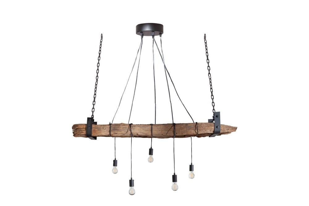 lampe à suspension industrielle BARRACUDA 152cm en bois massif recyclé à 5 lumières - 40080