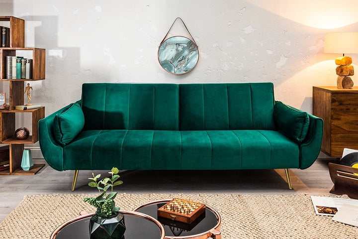 Canapé lit rétro DIVANI 220cm velours vert émeraude pieds dorés fonction clic-clac 3 places - 40090