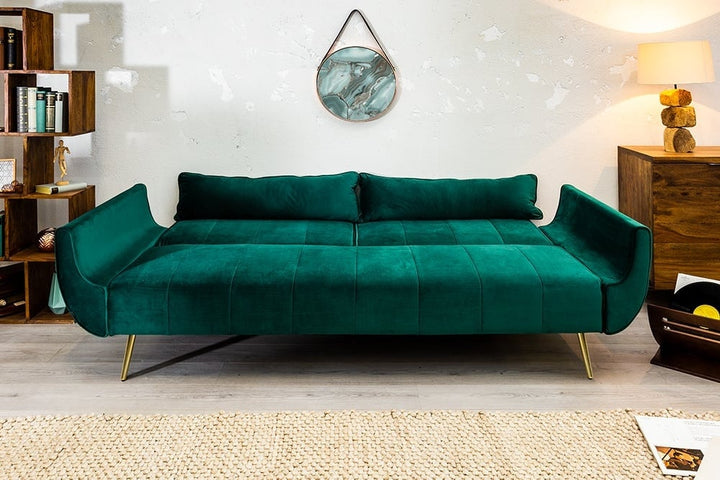 Canapé lit rétro DIVANI 220cm velours vert émeraude pieds dorés fonction clic-clac 3 places - 40090