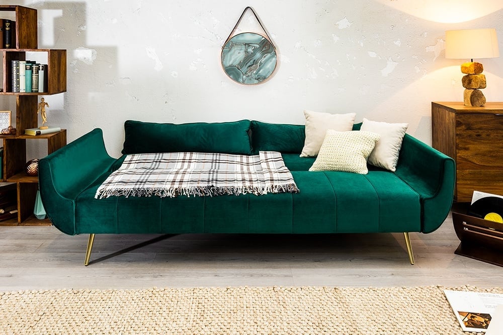 Canapé lit rétro DIVANI 220cm velours vert émeraude pieds dorés fonction clic-clac 3 places - 40090