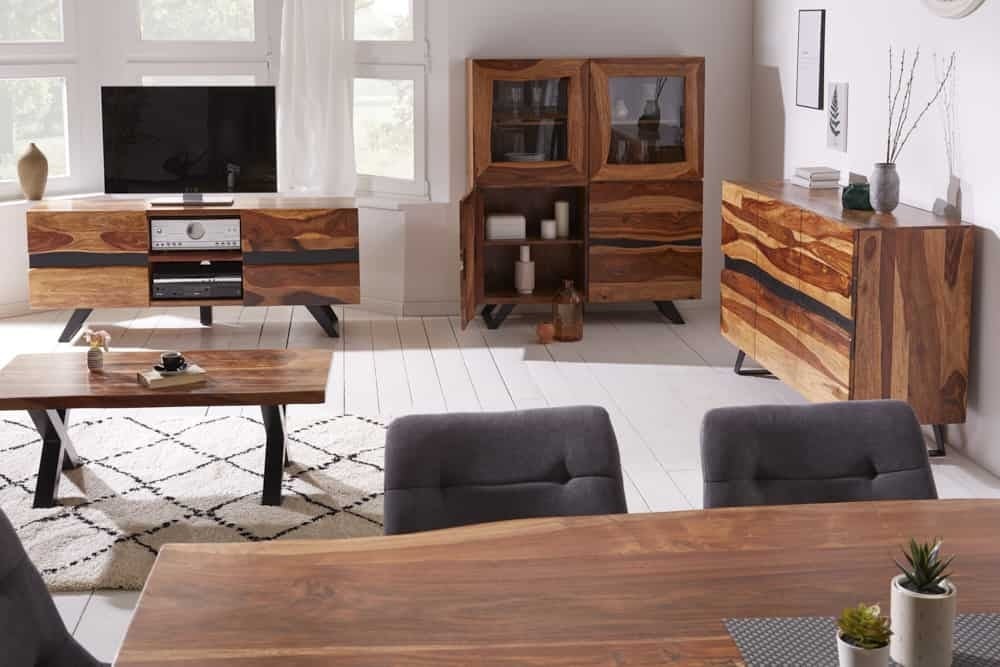 Buffet en bois massif AMAZONAS 150 cm bord sapin marron structure métal noir - 43713