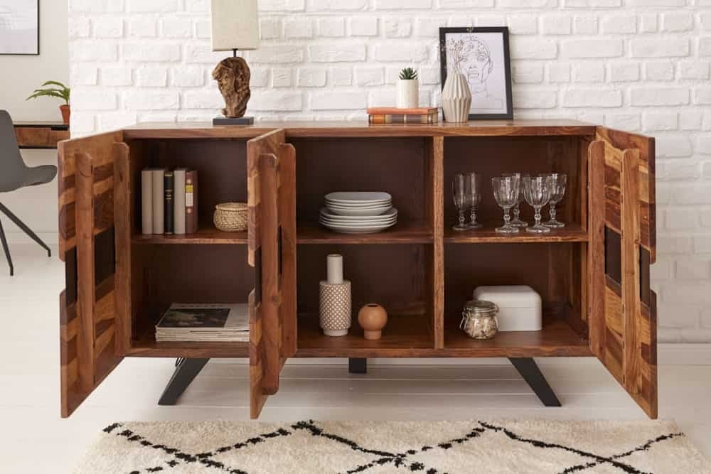 Buffet en bois massif AMAZONAS 150 cm bord sapin marron structure métal noir - 43713