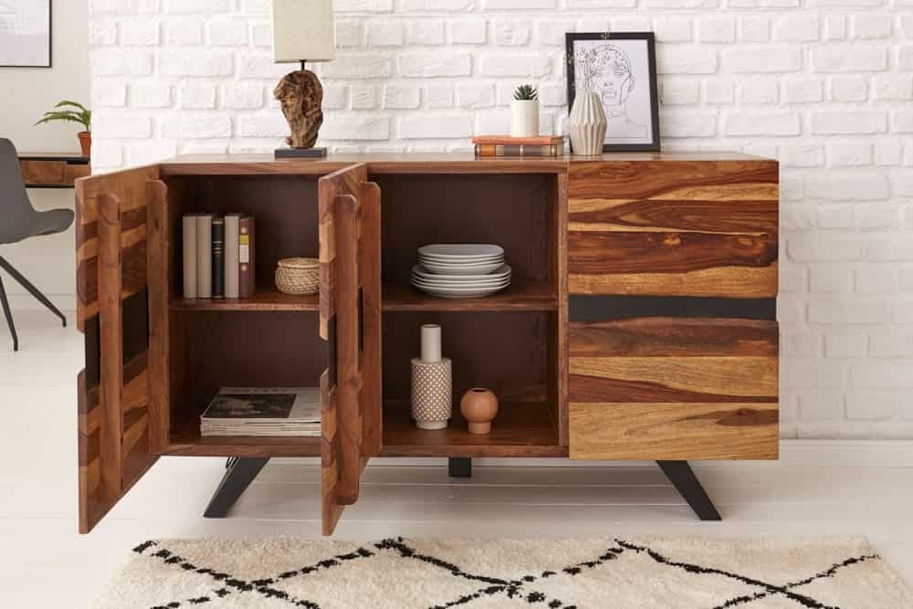 Buffet en bois massif AMAZONAS 150 cm bord sapin marron structure métal noir - 43713