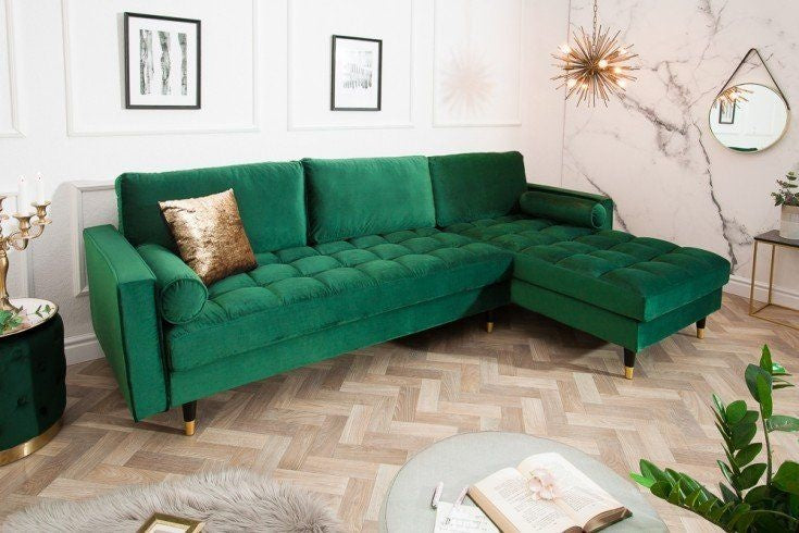 Canapé d'angle élégant COSY VELVET 260cm canapé 3 places à ressorts en velours vert émeraude - 40274