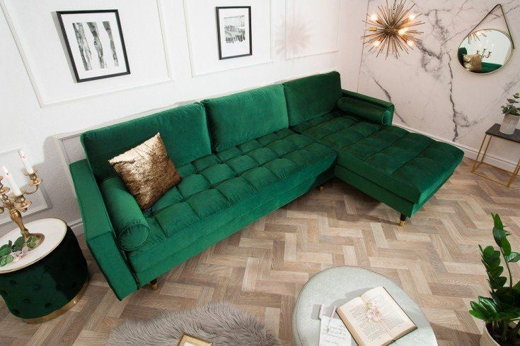 Canapé d'angle élégant COSY VELVET 260cm canapé 3 places à ressorts en velours vert émeraude - 40274