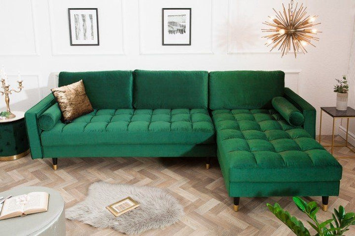 Canapé d'angle élégant COSY VELVET 260cm canapé 3 places à ressorts en velours vert émeraude - 40274