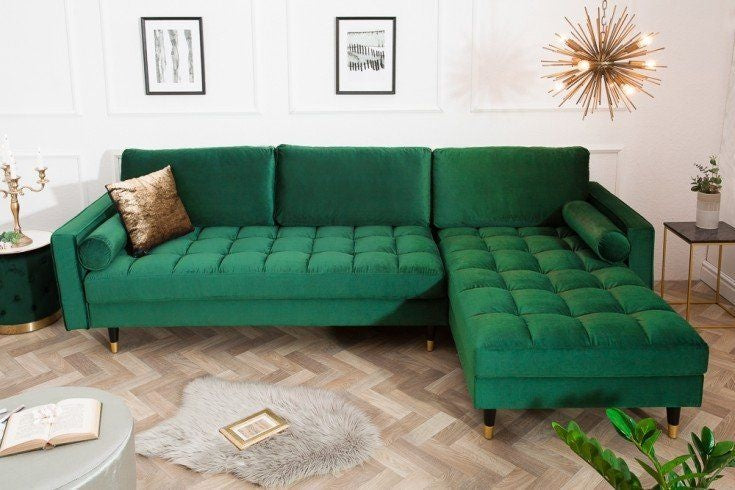 Canapé d'angle élégant COSY VELVET 260cm canapé 3 places à ressorts en velours vert émeraude - 40274