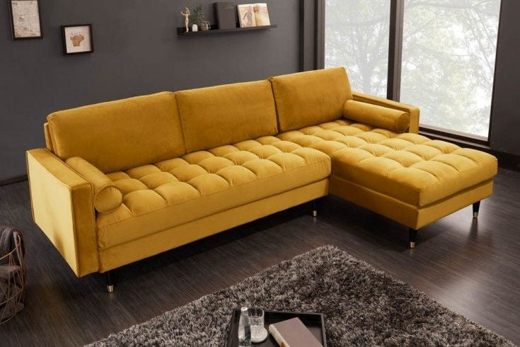 Canapé d'angle élégant COSY VELVET 260cm canapé 3 places à ressorts en velours jaune moutarde - 40277