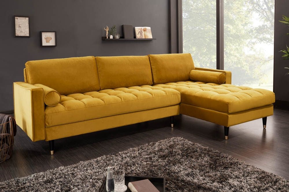 Canapé d'angle élégant COSY VELVET 260cm canapé 3 places à ressorts en velours jaune moutarde - 40277