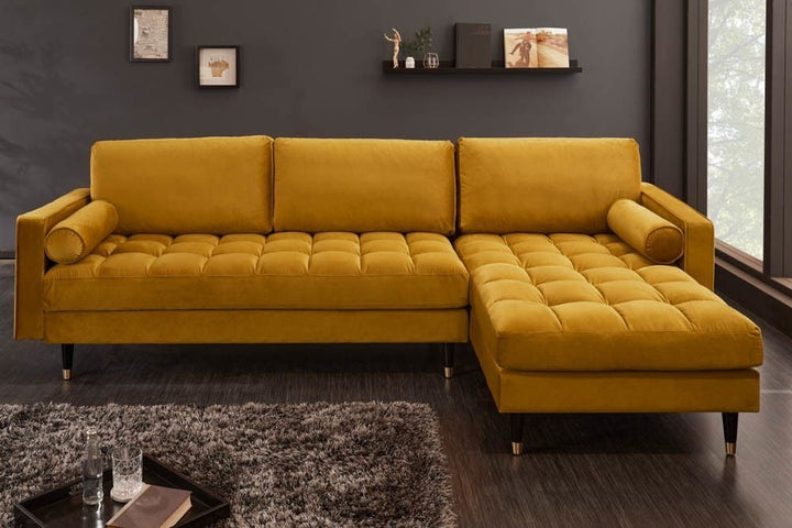 Canapé d'angle élégant COSY VELVET 260cm canapé 3 places à ressorts en velours jaune moutarde - 40277