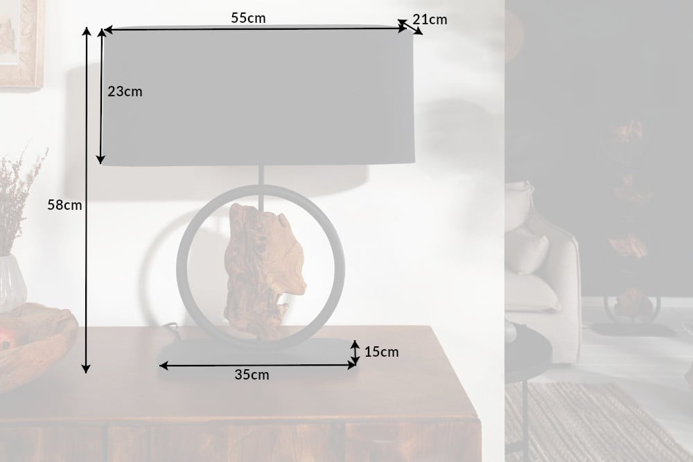Lampe de table design ELEMENTS 58cm abat-jour en coton noir socle bois massif - 40399