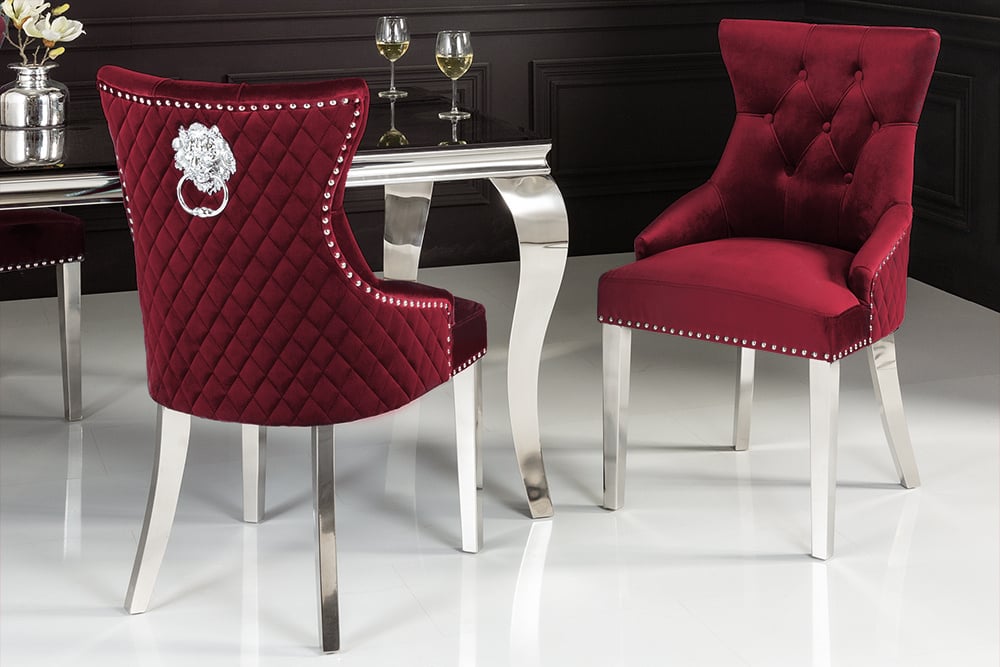 Chaise baroque CASTLE DELUXE tête de lion en velours rouge Chesterfield chaise de salle à manger design rivets - 40472