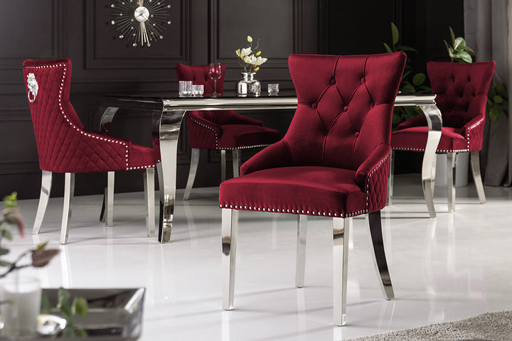Chaise baroque CASTLE DELUXE tête de lion en velours rouge Chesterfield chaise de salle à manger design rivets - 40472