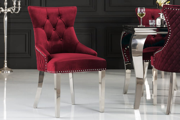 Chaise baroque CASTLE DELUXE tête de lion en velours rouge Chesterfield chaise de salle à manger design rivets - 40472