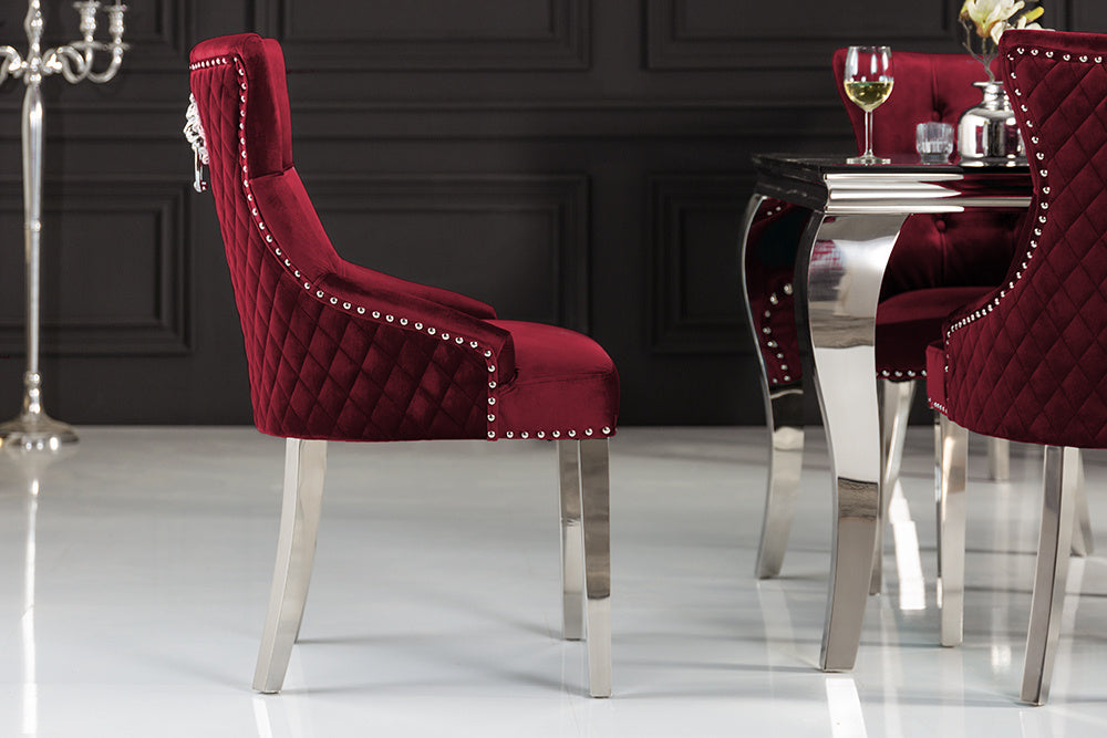 Chaise baroque CASTLE DELUXE tête de lion en velours rouge Chesterfield chaise de salle à manger design rivets - 40472