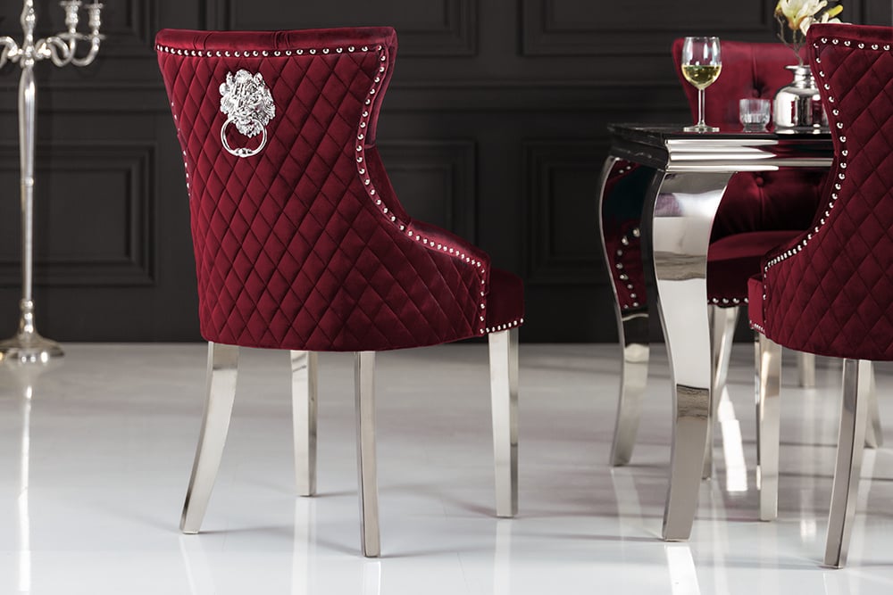 Chaise baroque CASTLE DELUXE tête de lion en velours rouge Chesterfield chaise de salle à manger design rivets - 40472