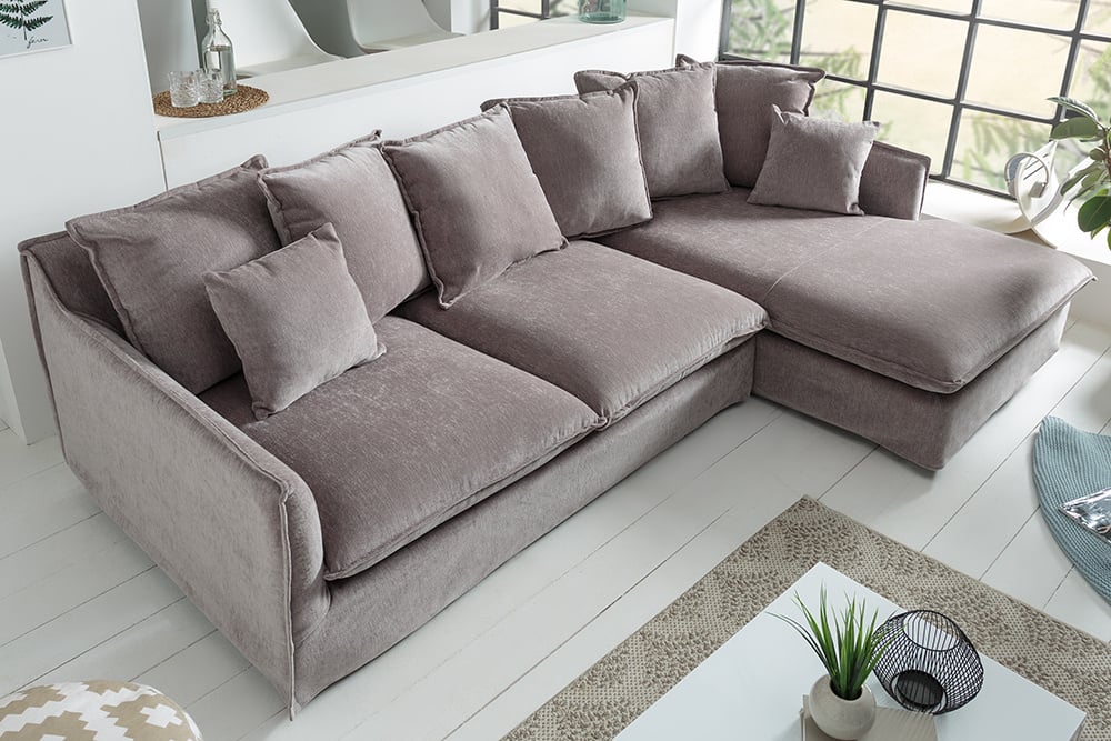 Grand canapé d'angle HEAVEN 255cm velours taupe avec coussins style country - 40674