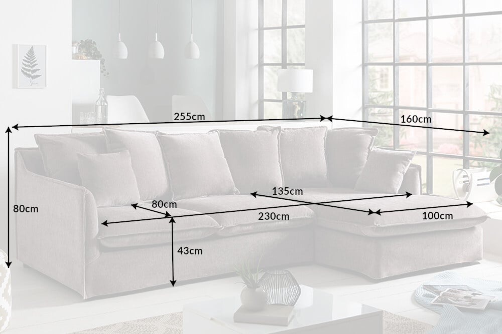 Grand canapé d'angle HEAVEN 255cm velours taupe avec coussins style country - 40674