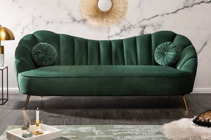 Canapé rétro 3 places ARIELLE 220cm velours vert bouteille 3 places avec matelassage décoratif - 40749