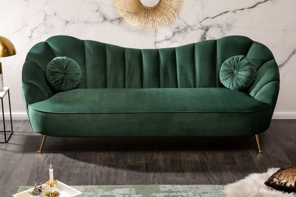 Canapé rétro 3 places ARIELLE 220cm velours vert bouteille 3 places avec matelassage décoratif - 40749
