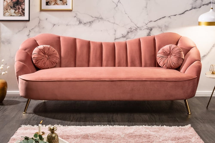 Canapé 3 places rétro ARIELLE 220 cm velours vieux rose 3 places avec matelassage décoratif - 40750