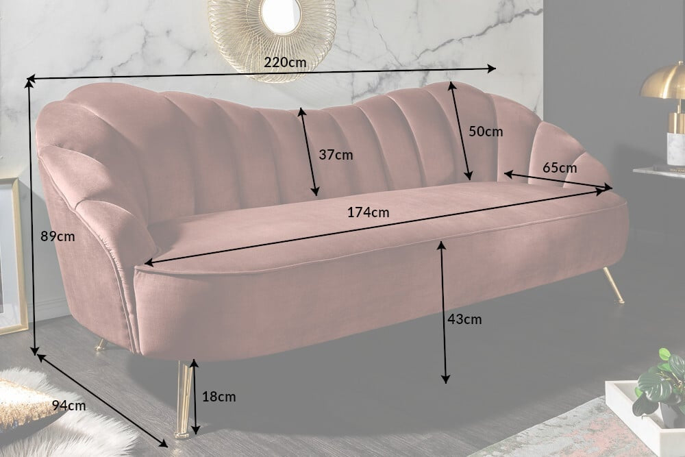 Canapé 3 places rétro ARIELLE 220 cm velours vieux rose 3 places avec matelassage décoratif - 40750