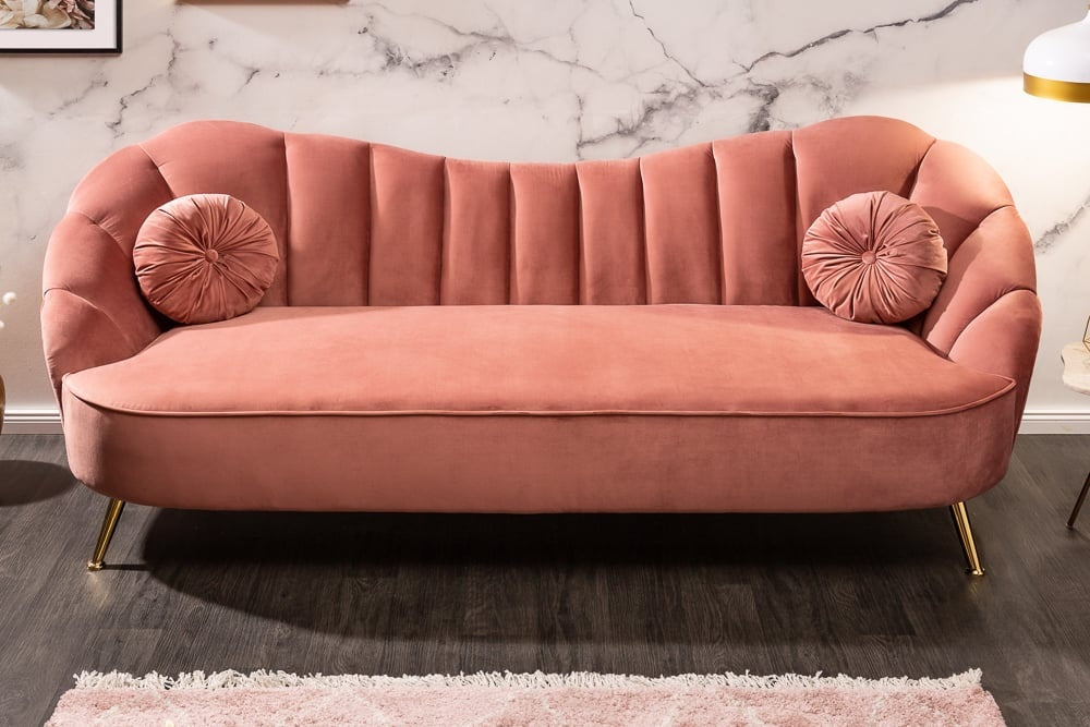 Canapé 3 places rétro ARIELLE 220 cm velours vieux rose 3 places avec matelassage décoratif - 40750