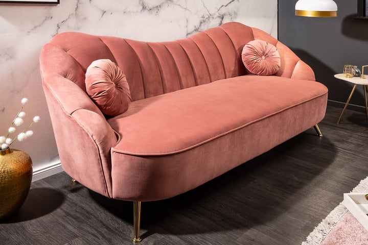 Canapé 3 places rétro ARIELLE 220 cm velours vieux rose 3 places avec matelassage décoratif - 40750