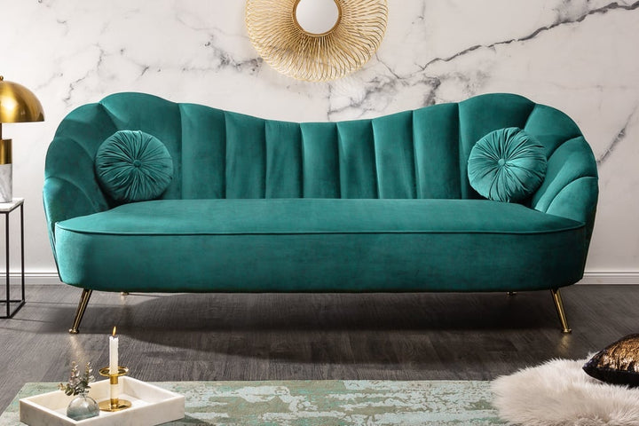 Canapé rétro 3 places ARIELLE 220cm velours aqua 3 places avec matelassage décoratif - 40752