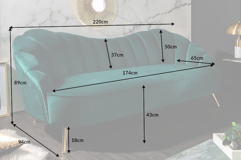 Canapé rétro 3 places ARIELLE 220cm velours aqua 3 places avec matelassage décoratif - 40752