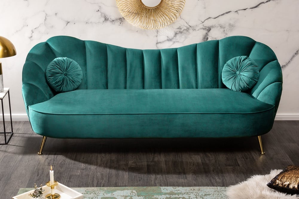Canapé rétro 3 places ARIELLE 220cm velours aqua 3 places avec matelassage décoratif - 40752