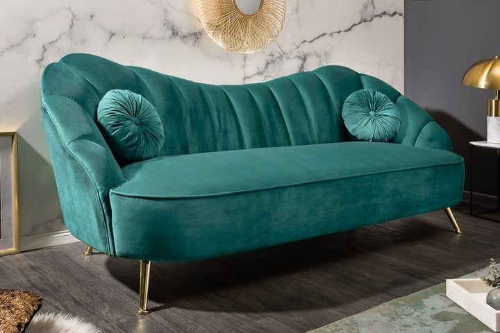 Canapé rétro 3 places ARIELLE 220cm velours aqua 3 places avec matelassage décoratif - 40752
