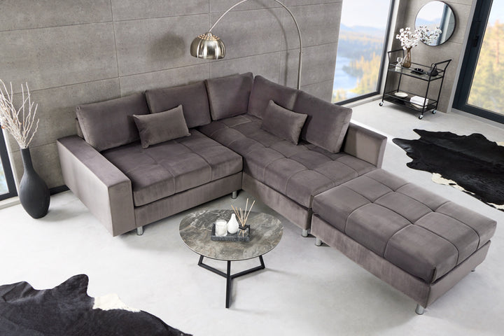 Canapé d'angle moderne KENT Canapé d'angle 220 cm en velours gris argenté avec pouf - 40823