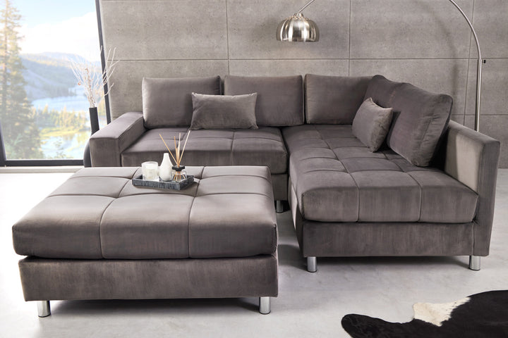 Canapé d'angle moderne KENT Canapé d'angle 220 cm en velours gris argenté avec pouf - 40823