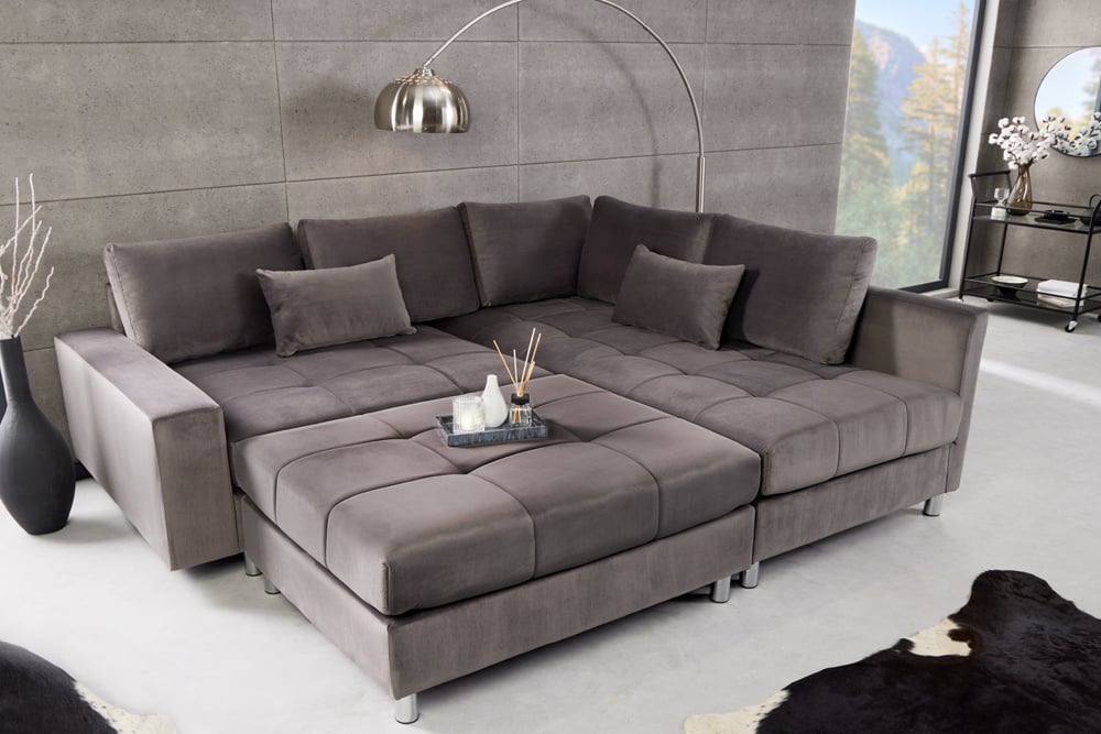 Canapé d'angle moderne KENT Canapé d'angle 220 cm en velours gris argenté avec pouf - 40823