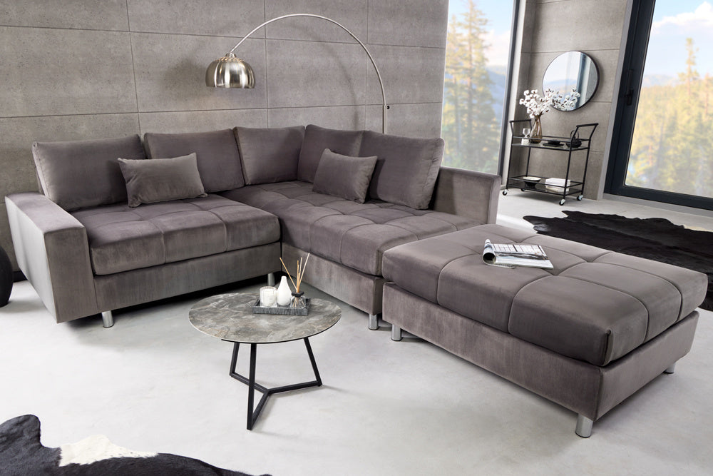 Canapé d'angle moderne KENT Canapé d'angle 220 cm en velours gris argenté avec pouf - 40823