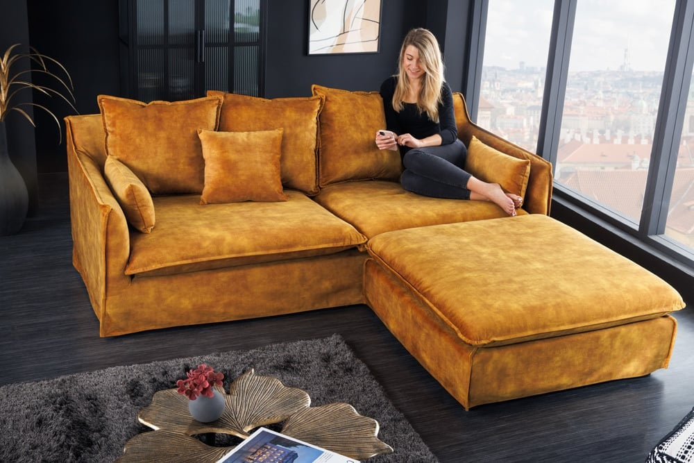 Grand tabouret HEAVEN 100cm tabouret de canapé en velours jaune moutarde style campagne housse lavable - 40832