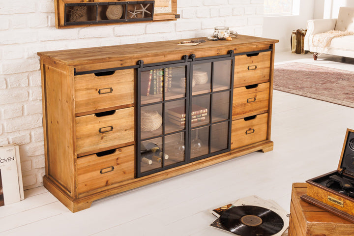 Buffet massif HERITAGE 148 cm pin naturel portes industrielles vitrine métal - 40881
