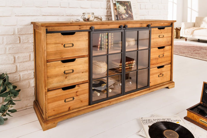 Buffet massif HERITAGE 148 cm pin naturel portes industrielles vitrine métal - 40881