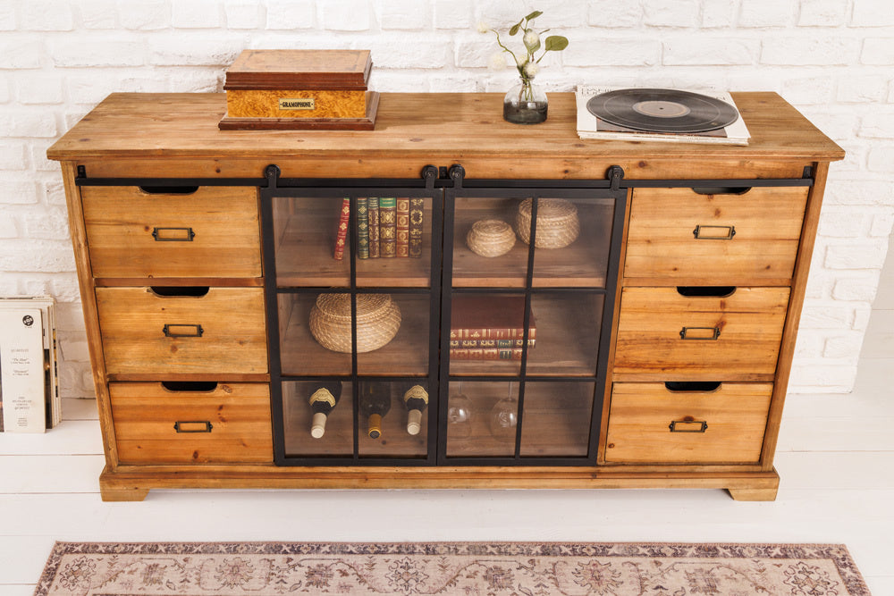Buffet massif HERITAGE 148 cm pin naturel portes industrielles vitrine métal - 40881