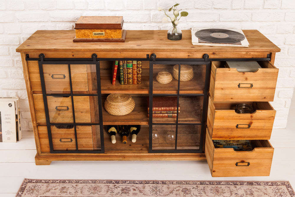 Buffet massif HERITAGE 148 cm pin naturel portes industrielles vitrine métal - 40881