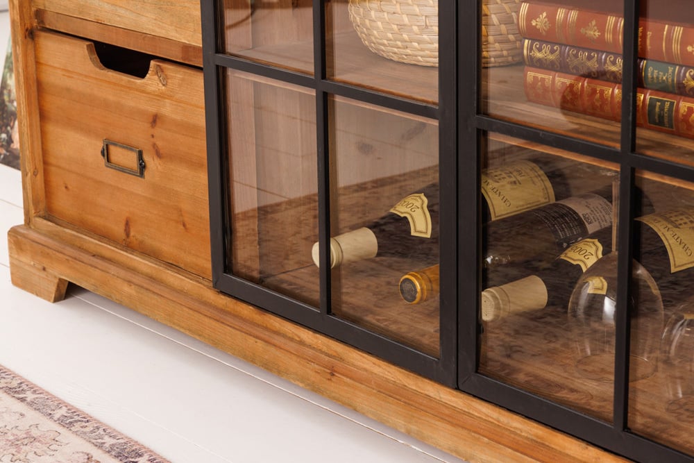 Buffet massif HERITAGE 148 cm pin naturel portes industrielles vitrine métal - 40881