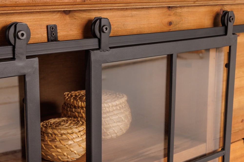 Buffet massif HERITAGE 148 cm pin naturel portes industrielles vitrine métal - 40881
